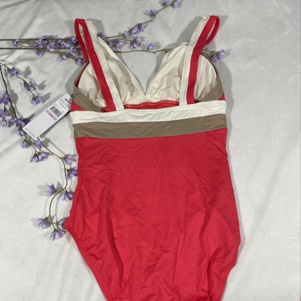 NWT DKNY [SZ 6 ] Colorblock V Neck Maillot One Piece Swimsuit‎ Coral - Picture 6 of 12